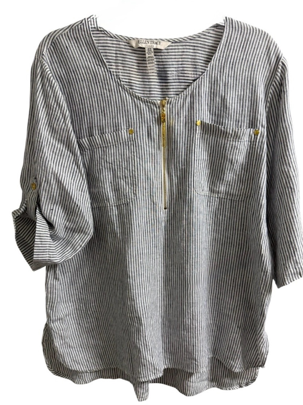 ELLEN TRACY XL 100% LINEN BLUE AND WHITE STRIPED TUNIC GOLD ZIP COASTAL Y2K TOP - Picture 5 of 12